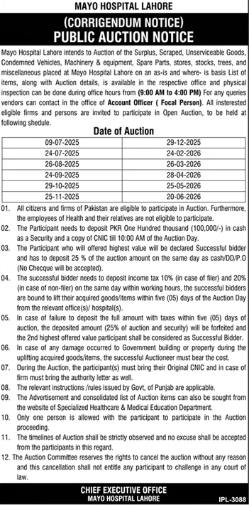 MAYO Hospital Lahore Tender Notice-1